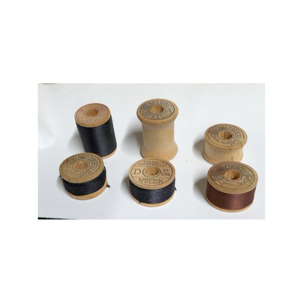 Vintage Belding Corticelli Wooden Thread Spools Pure Silk Dupont Nylon Lot of 6